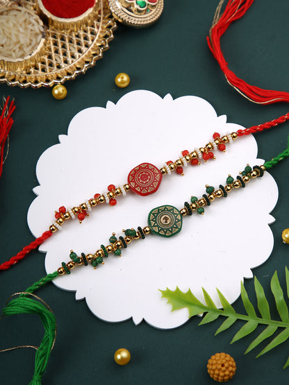 Set of 2 Green & Red Beaded Rakhi