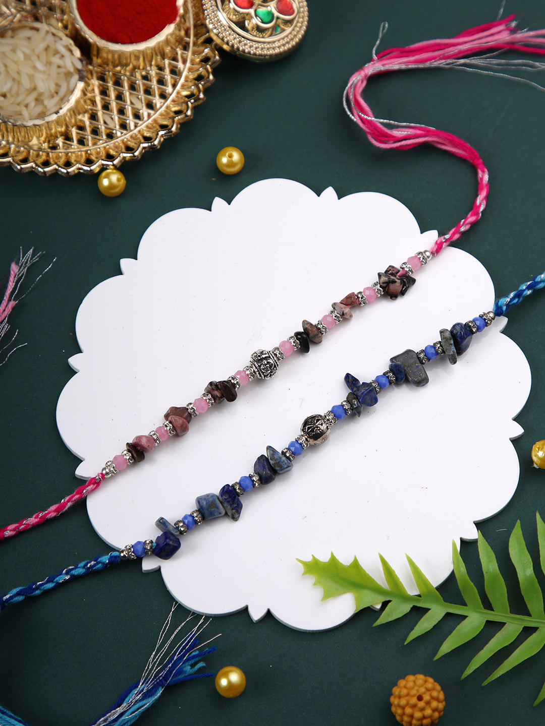 Pink & Blue Stone Work Set of 2 Rakhi