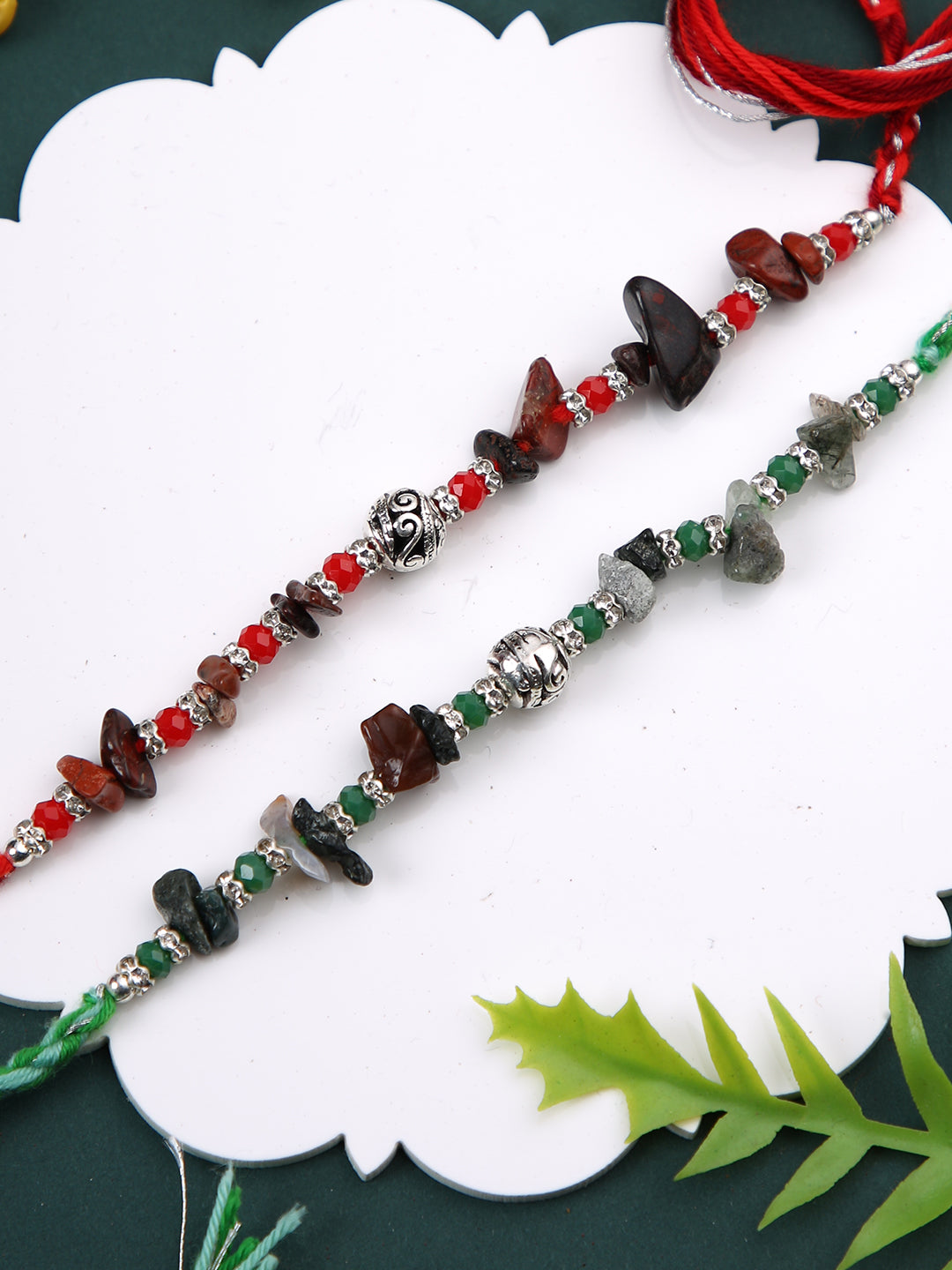 Red & Green Stone Work Set of 2 Rakhi