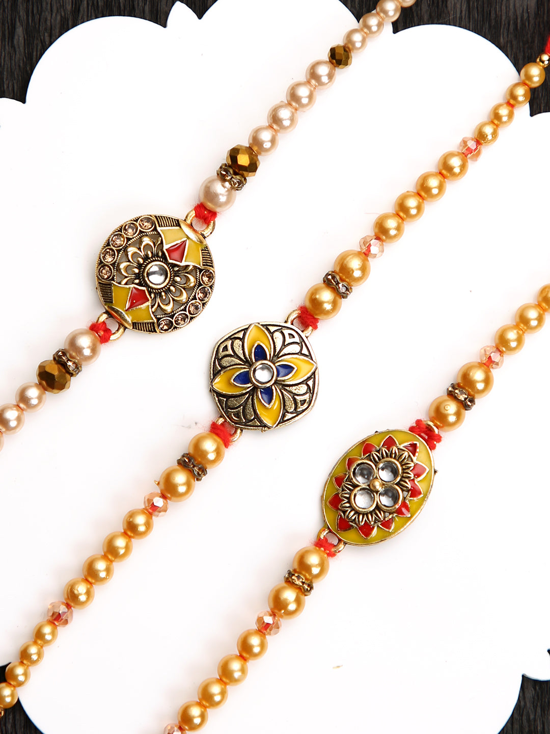 Ornate Gold Bead Set of 3 Rakhi