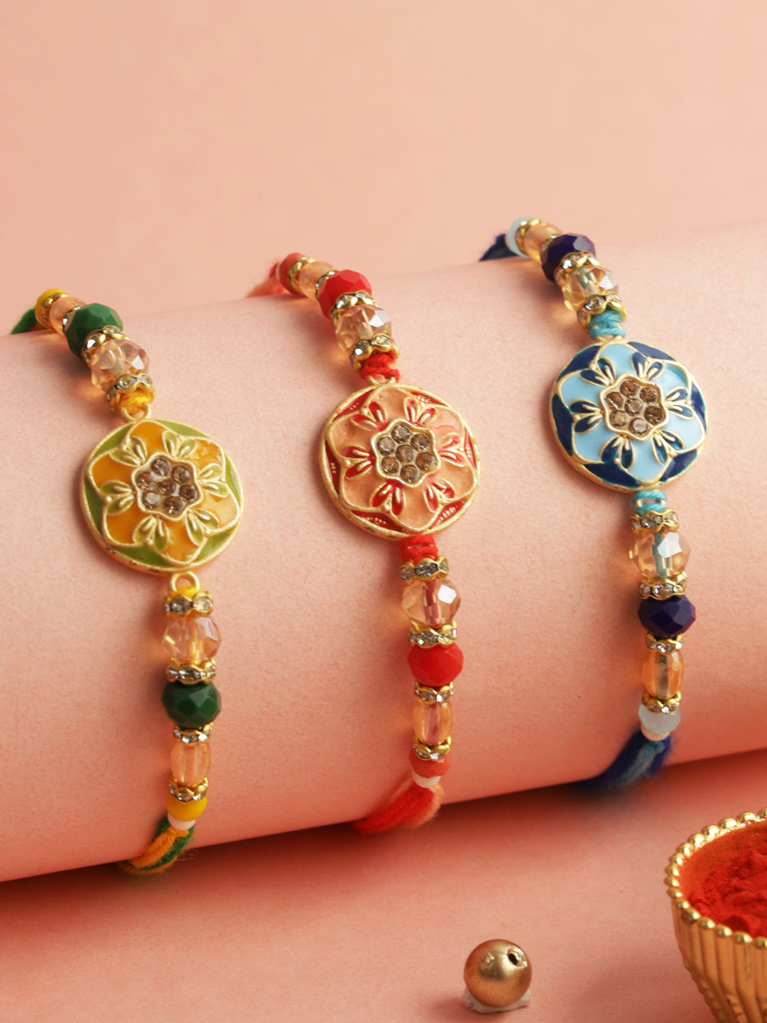 Floral Stoned Enameled Set of 3 Rakhi
