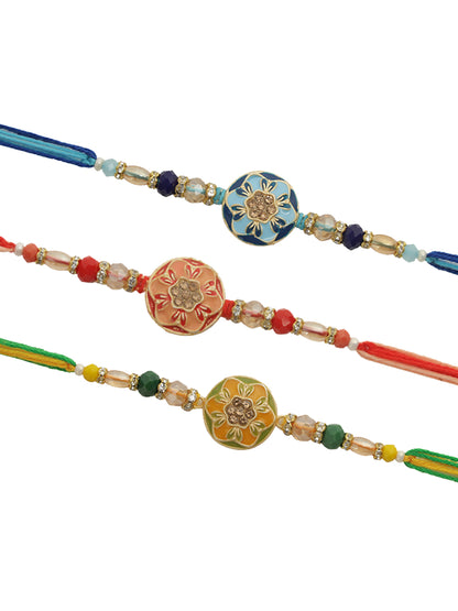 Floral Stoned Enameled Set of 3 Rakhi