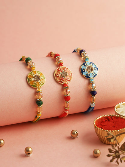 Floral Stoned Enameled Set of 3 Rakhi