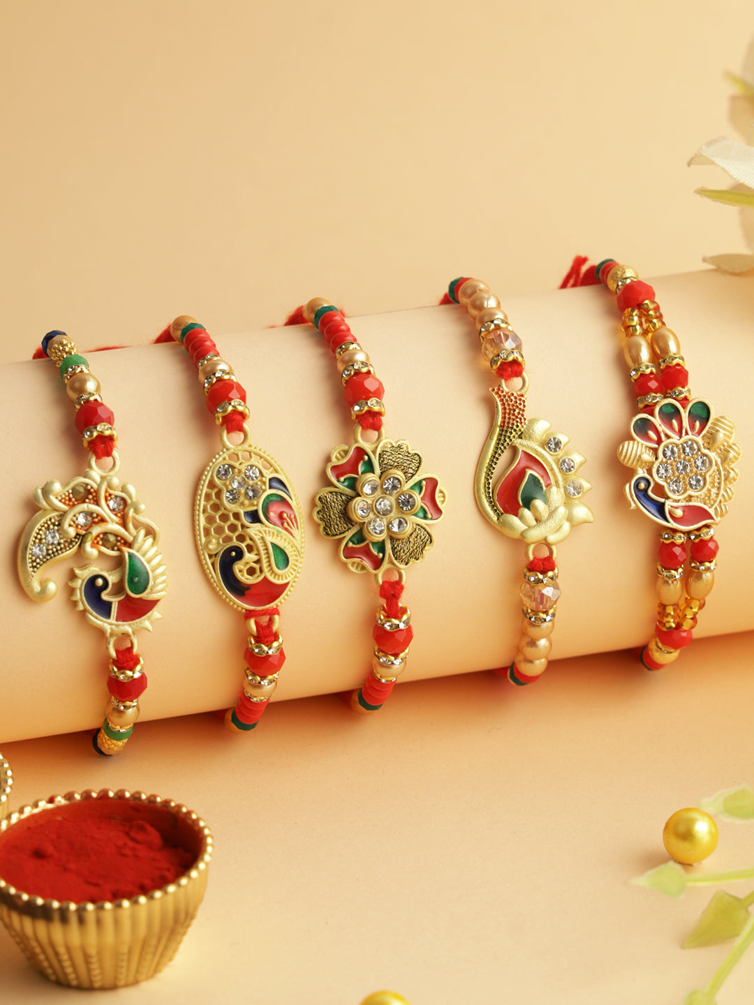 Peacock Enameled Set of 5 Rakhi