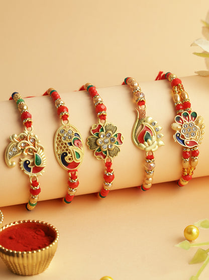 Peacock Enameled Set of 5 Rakhi