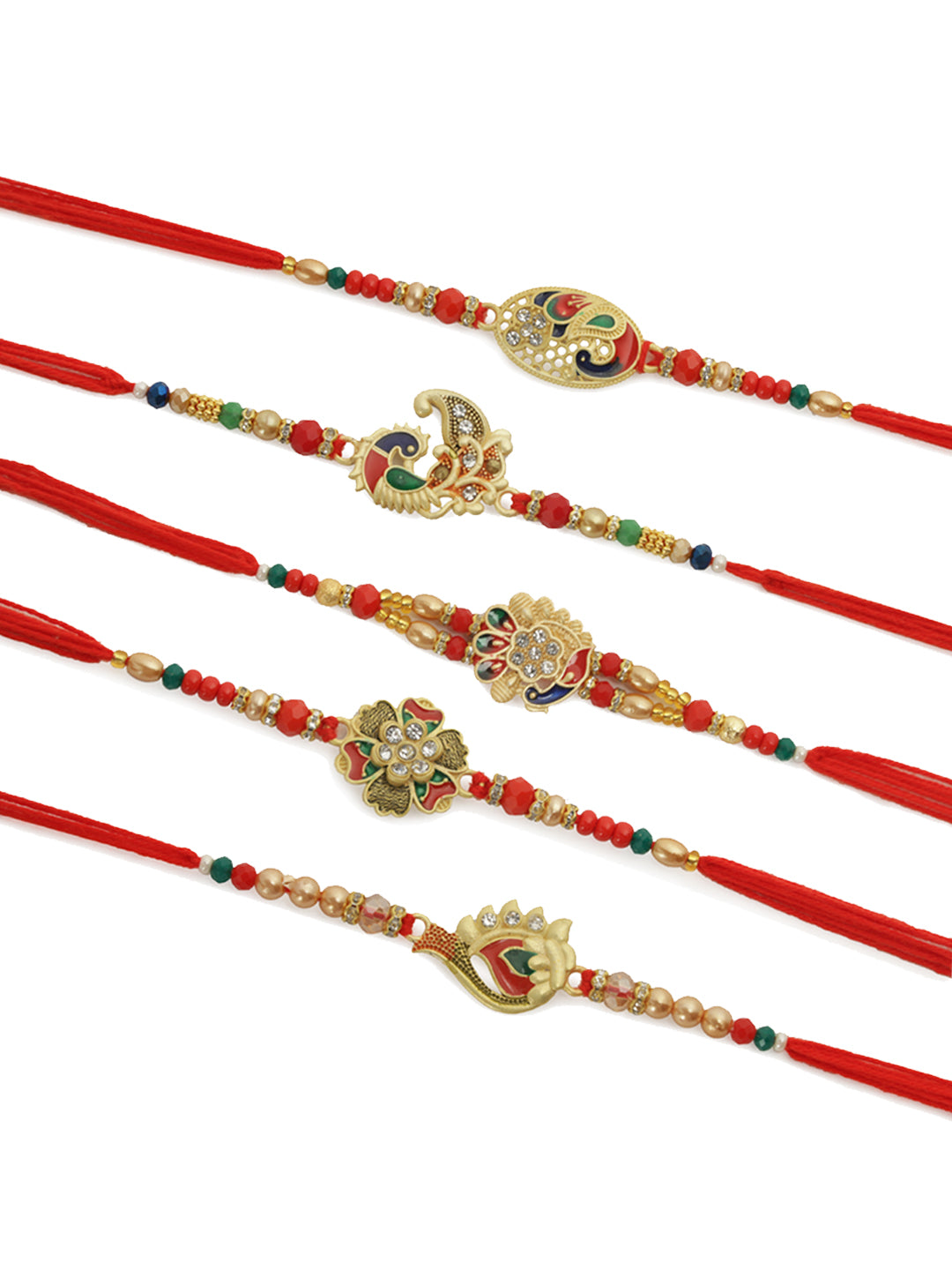 Peacock Enameled Set of 5 Rakhi