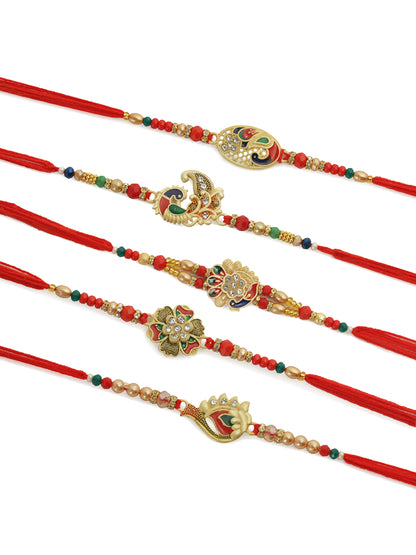 Peacock Enameled Set of 5 Rakhi