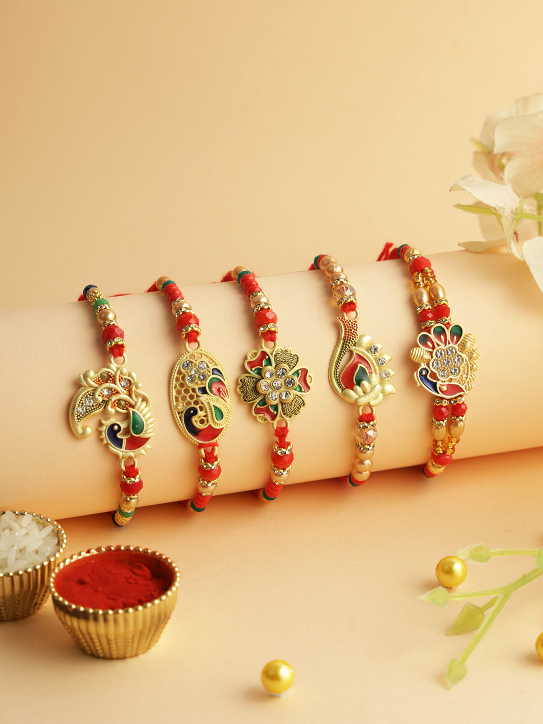 Peacock Enameled Set of 5 Rakhi