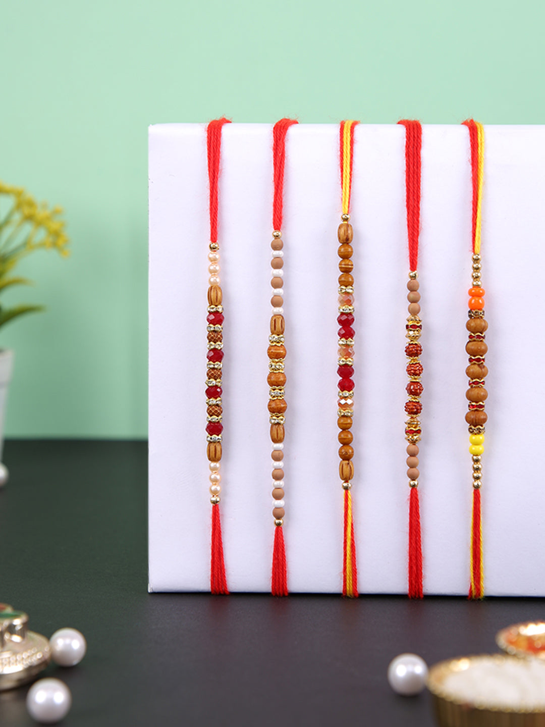 Brown & Red Beaded Set of 5 Rakhi