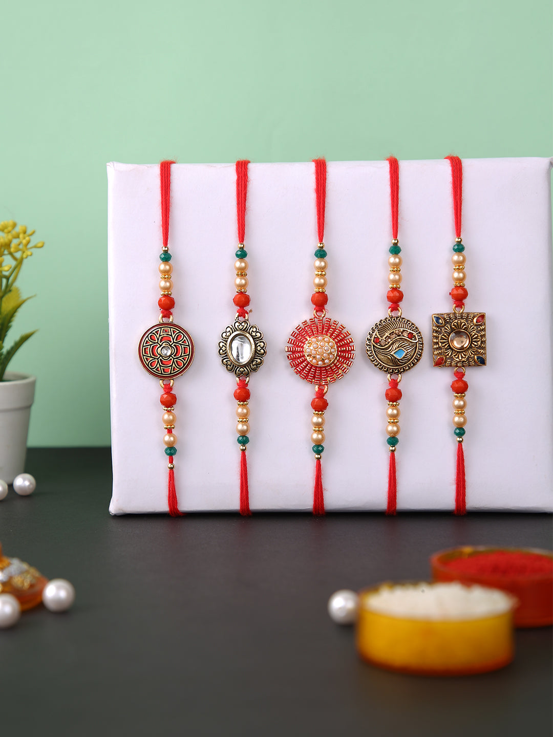 Bead & Kundan Work Set of 5 Rakhi