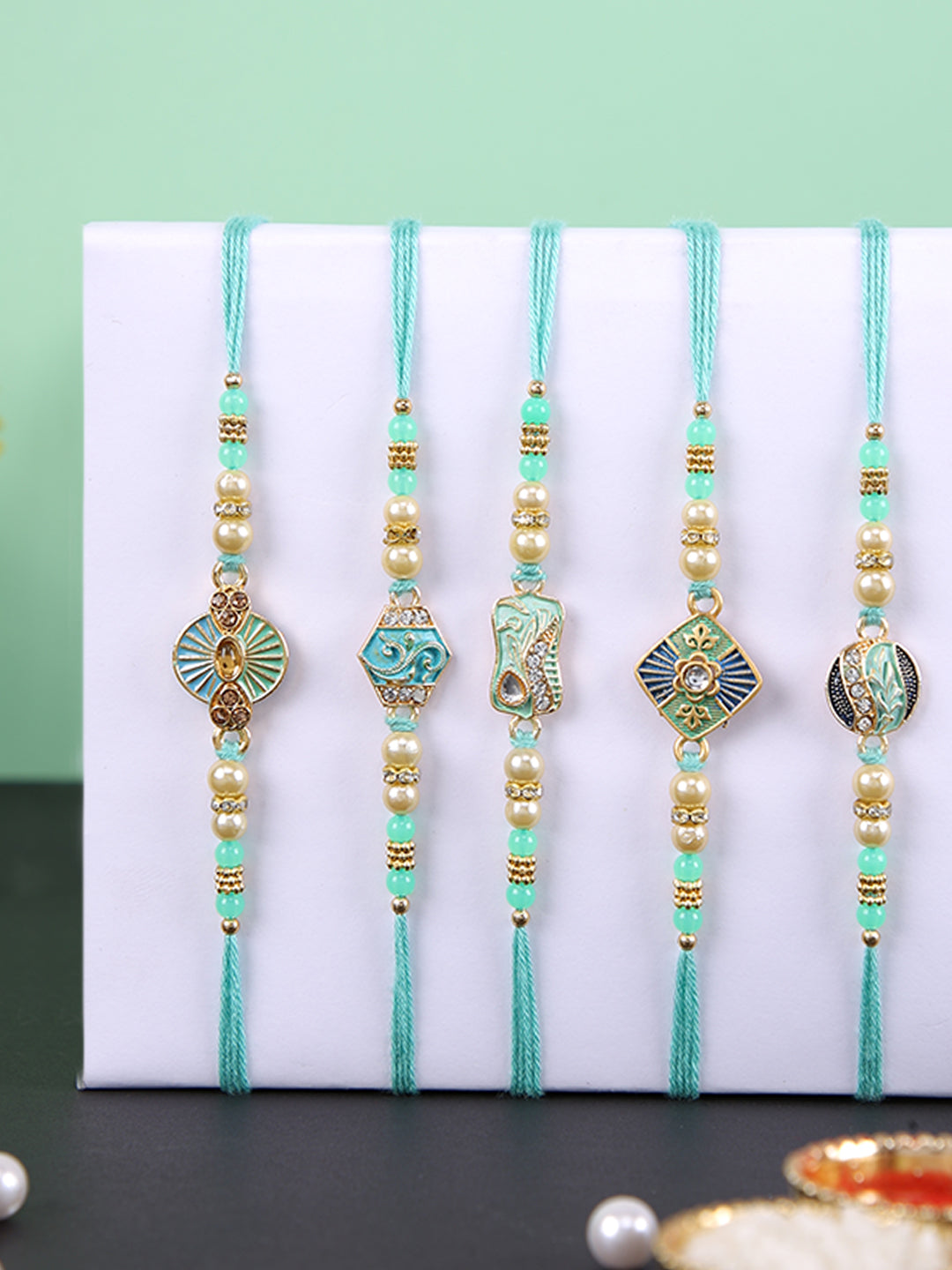 Blue & Green Enameled Set of 5 Rakhi