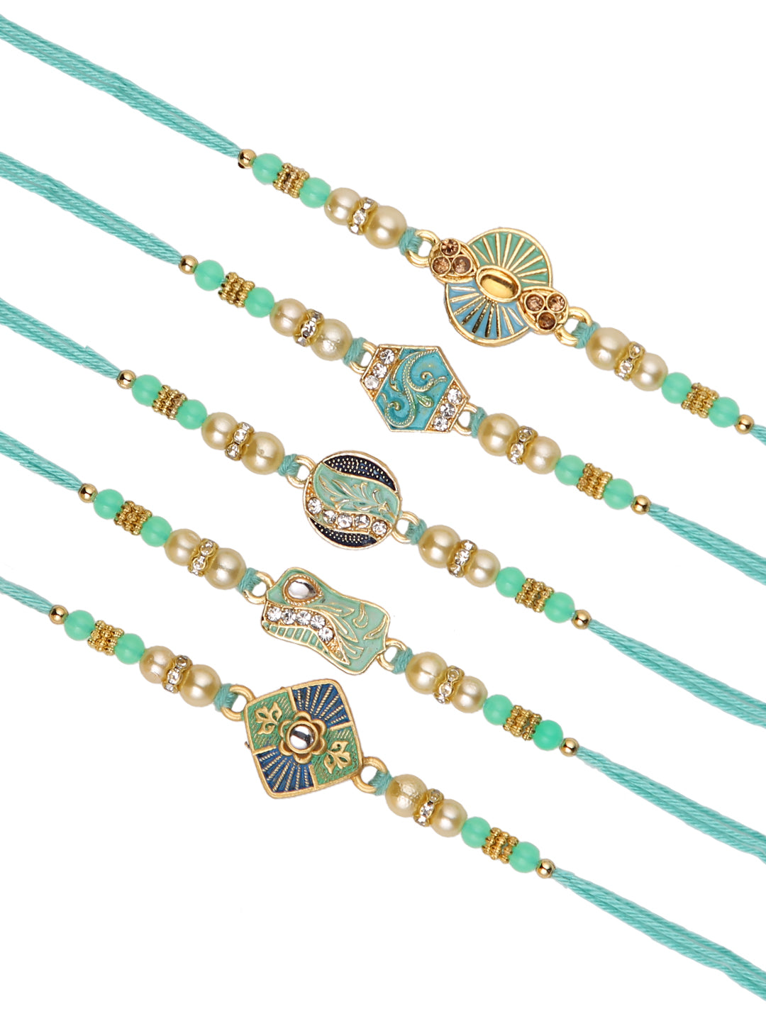 Blue & Green Enameled Set of 5 Rakhi