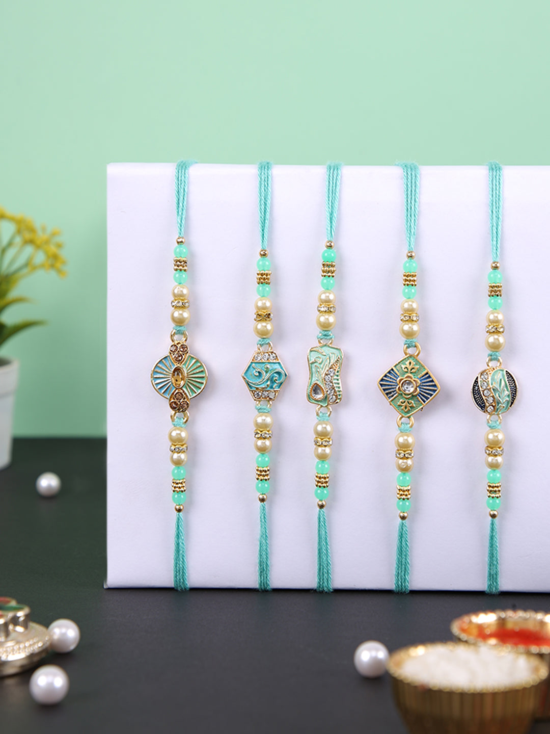 Blue & Green Enameled Set of 5 Rakhi