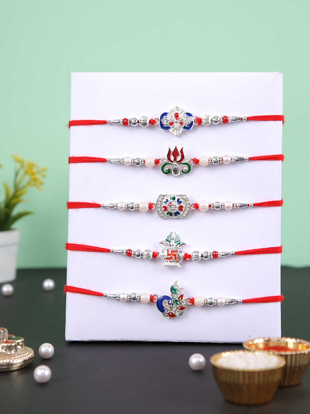 Divine Silver Designer Set of 5 Rakhi