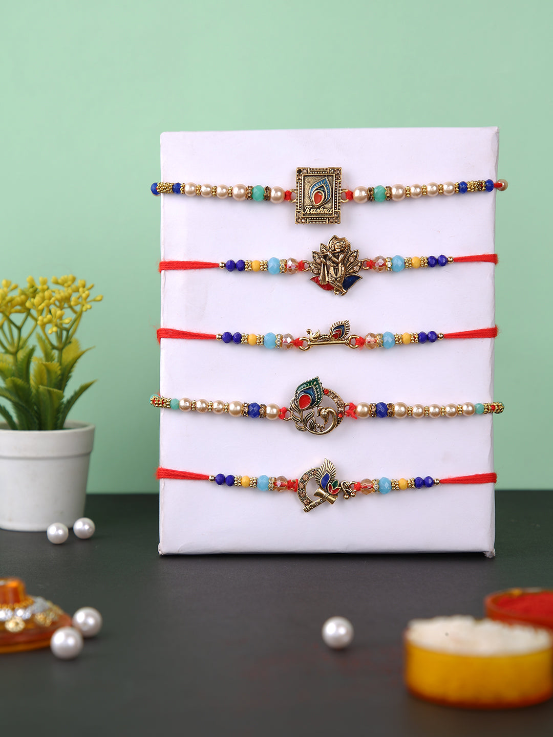 Set of 5 Krishna Flute & Beaded Rakhi