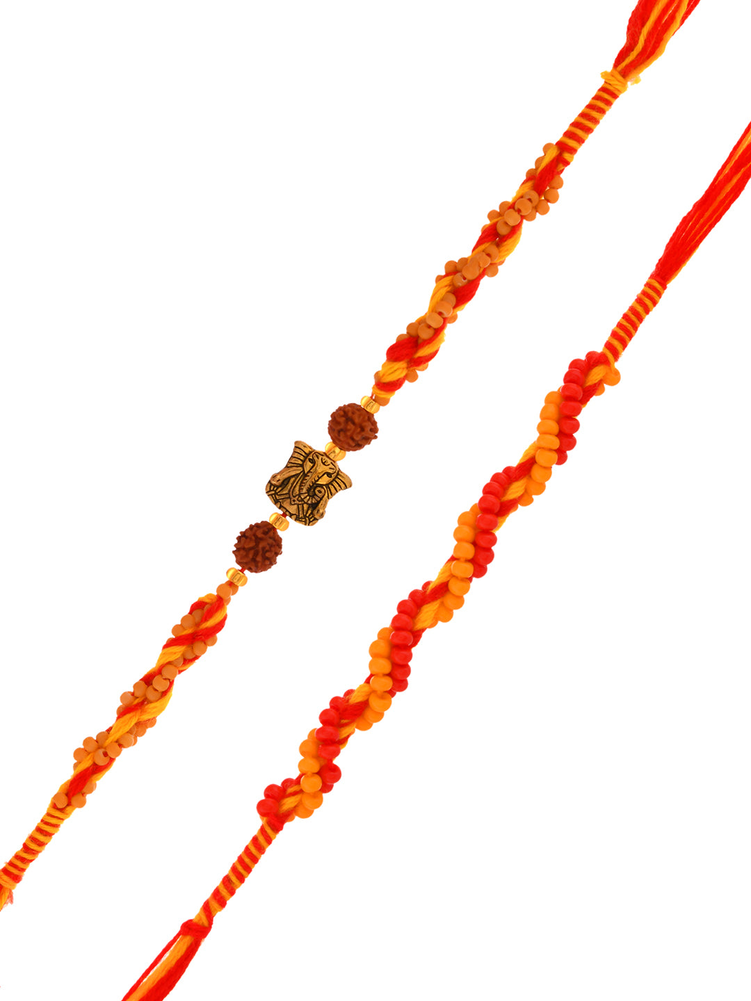 Set Of 2 Traditional Rakhi With Woven Mauli Thread And Rudraksh Accent