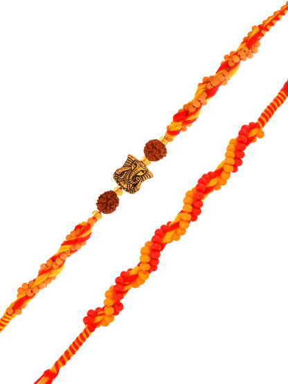 Set Of 2 Traditional Rakhi With Woven Mauli Thread And Rudraksh Accent