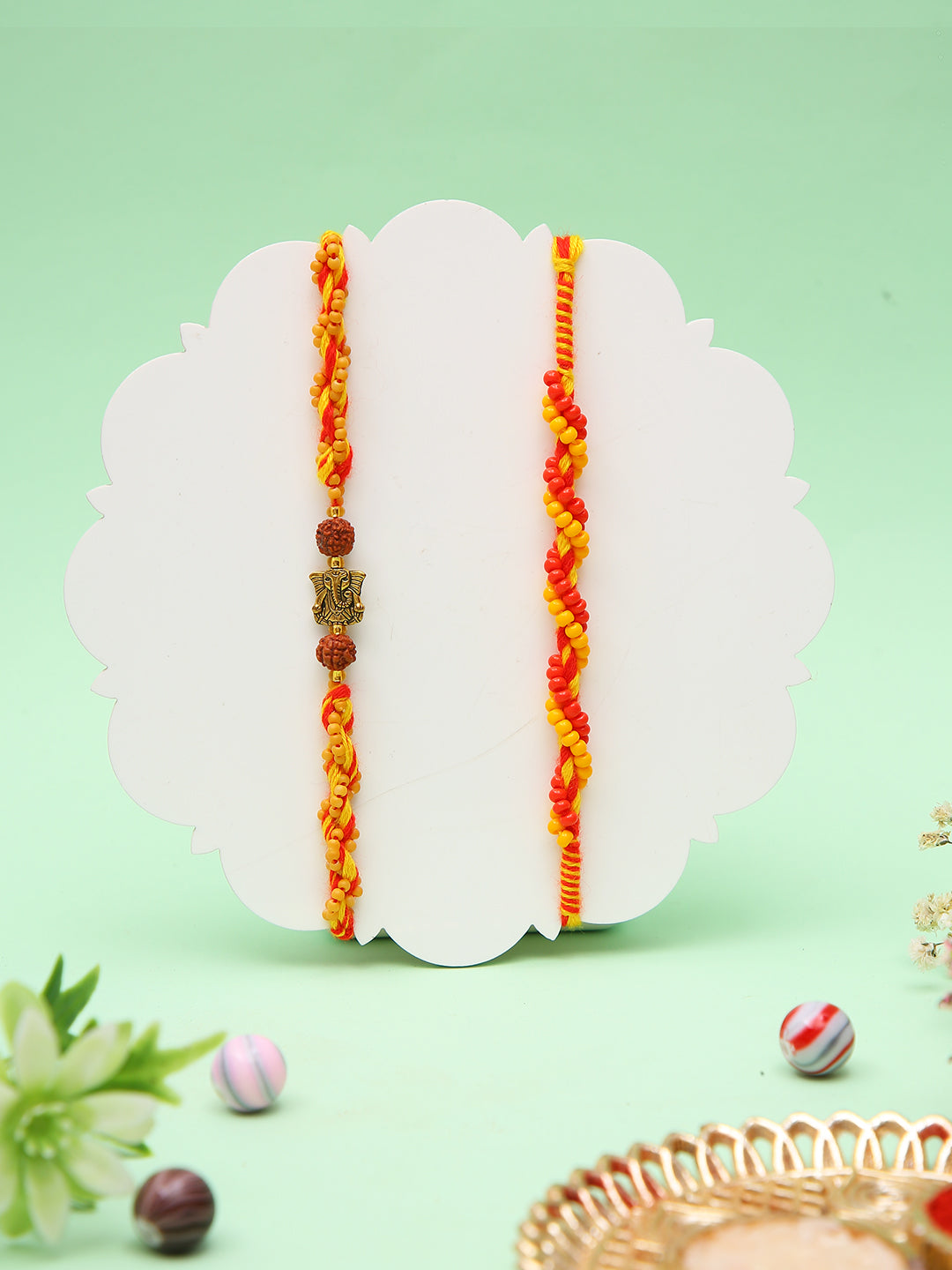 Set Of 2 Traditional Rakhi With Woven Mauli Thread And Rudraksh Accent