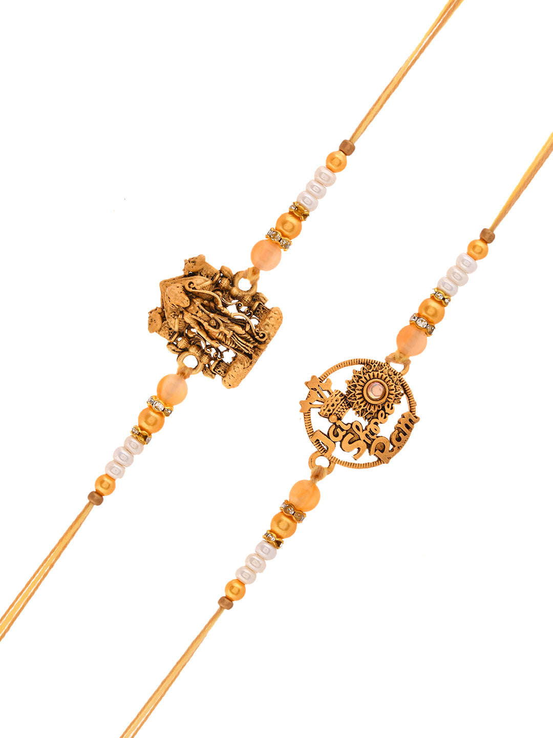 Antique God Symbol Rakhi Set with Divine Detailing and Pearl Beads