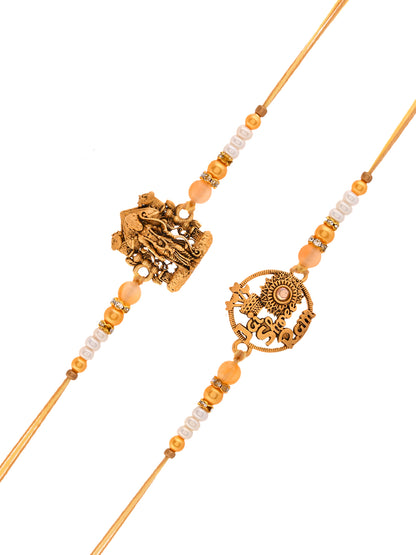 Antique God Symbol Rakhi Set with Divine Detailing and Pearl Beads