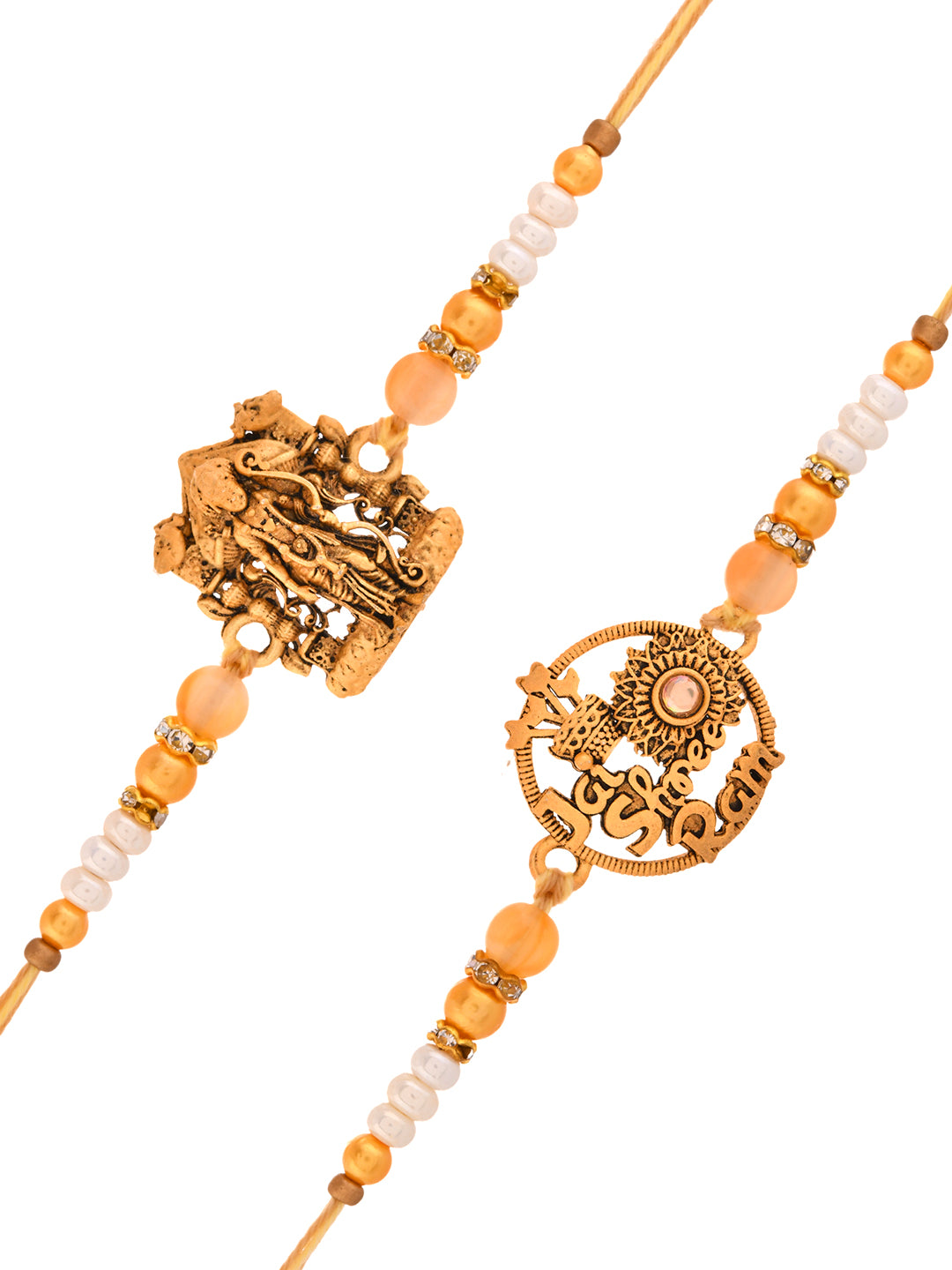 Antique God Symbol Rakhi Set with Divine Detailing and Pearl Beads