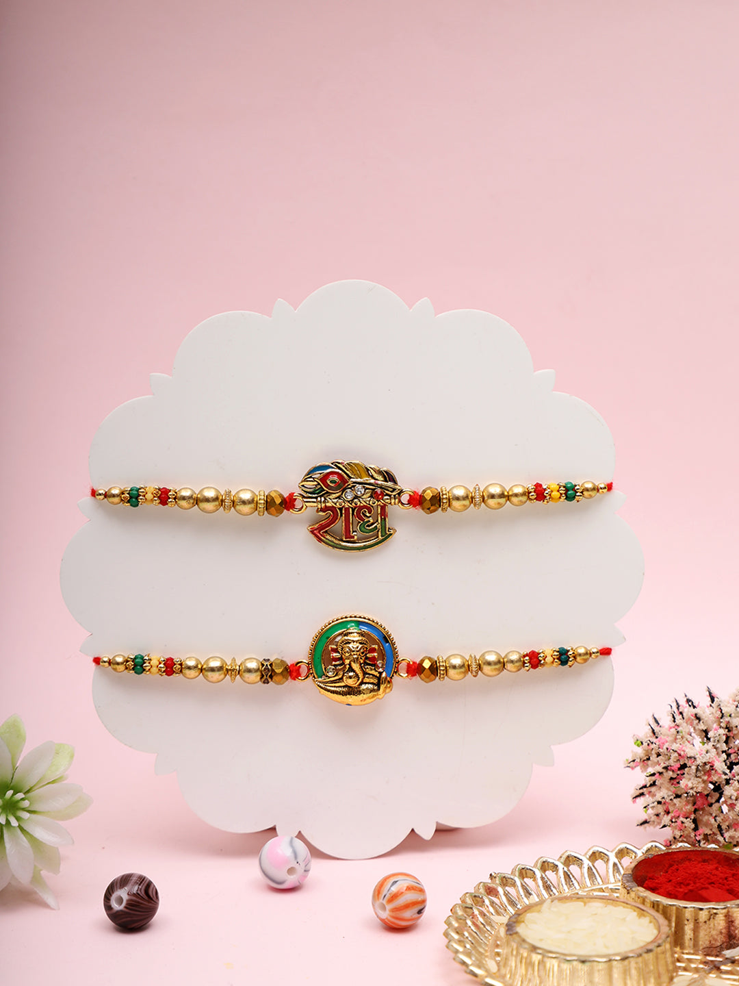 Handcrafted Sacred Rakhi Set with Lord Ganesha and SHREE Symbols