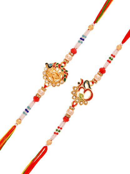 Designer Set Of 2 Religious Rakhis With Om Ganesha And Crystal Work
