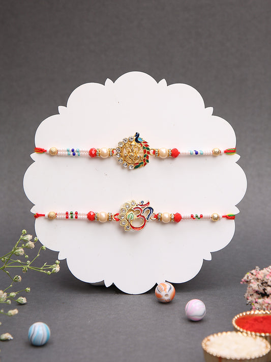 Designer Set Of 2 Religious Rakhis With Om Ganesha And Crystal Work