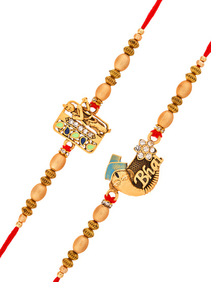 Designer Bhaiya Rakhi Combo with Charm Motifs and Golden Beads