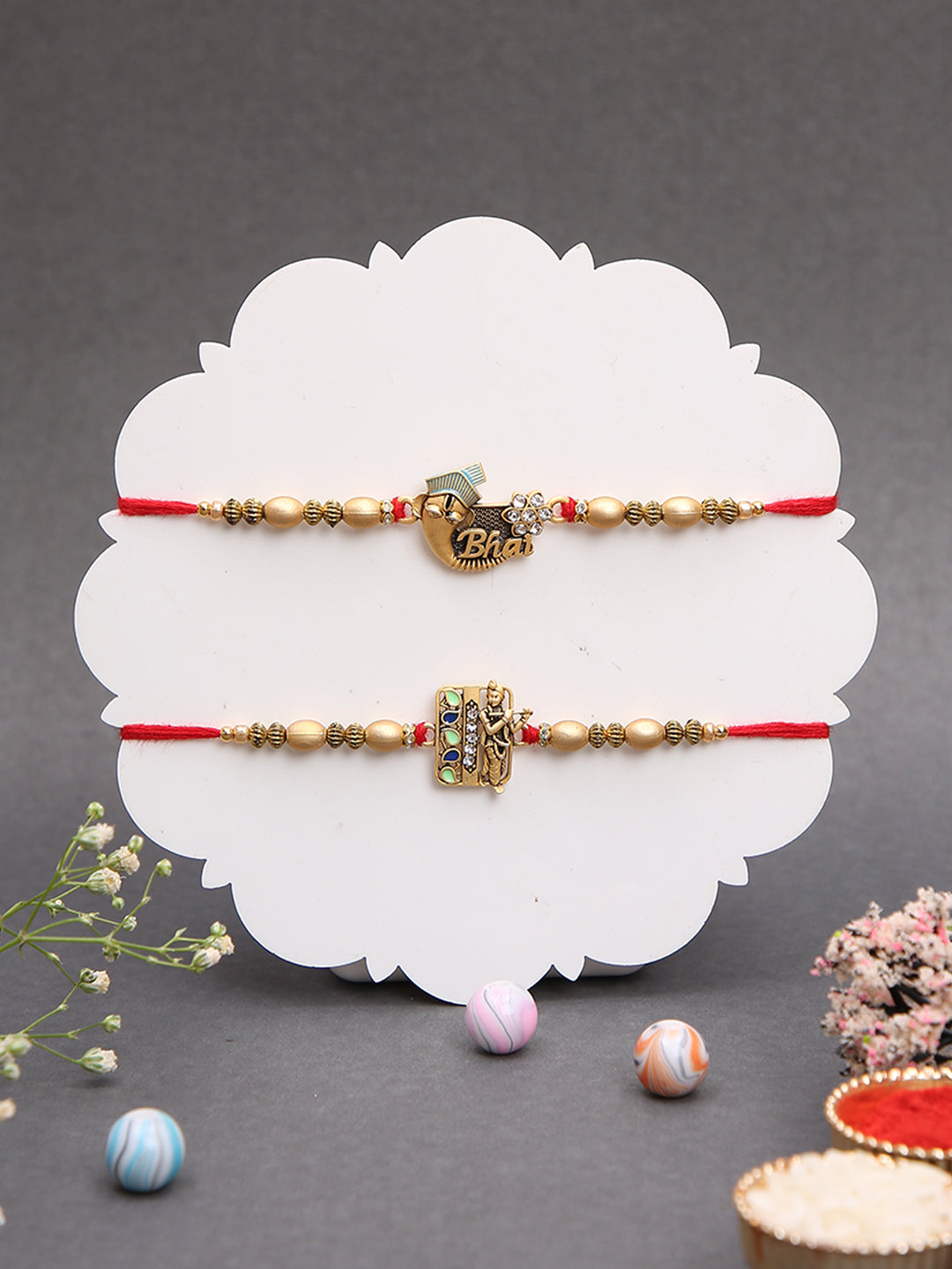 Designer Bhaiya Rakhi Combo with Charm Motifs and Golden Beads