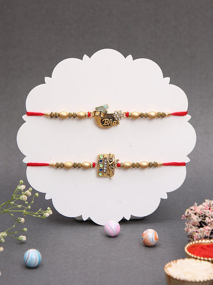Designer Bhaiya Rakhi Combo with Charm Motifs and Golden Beads