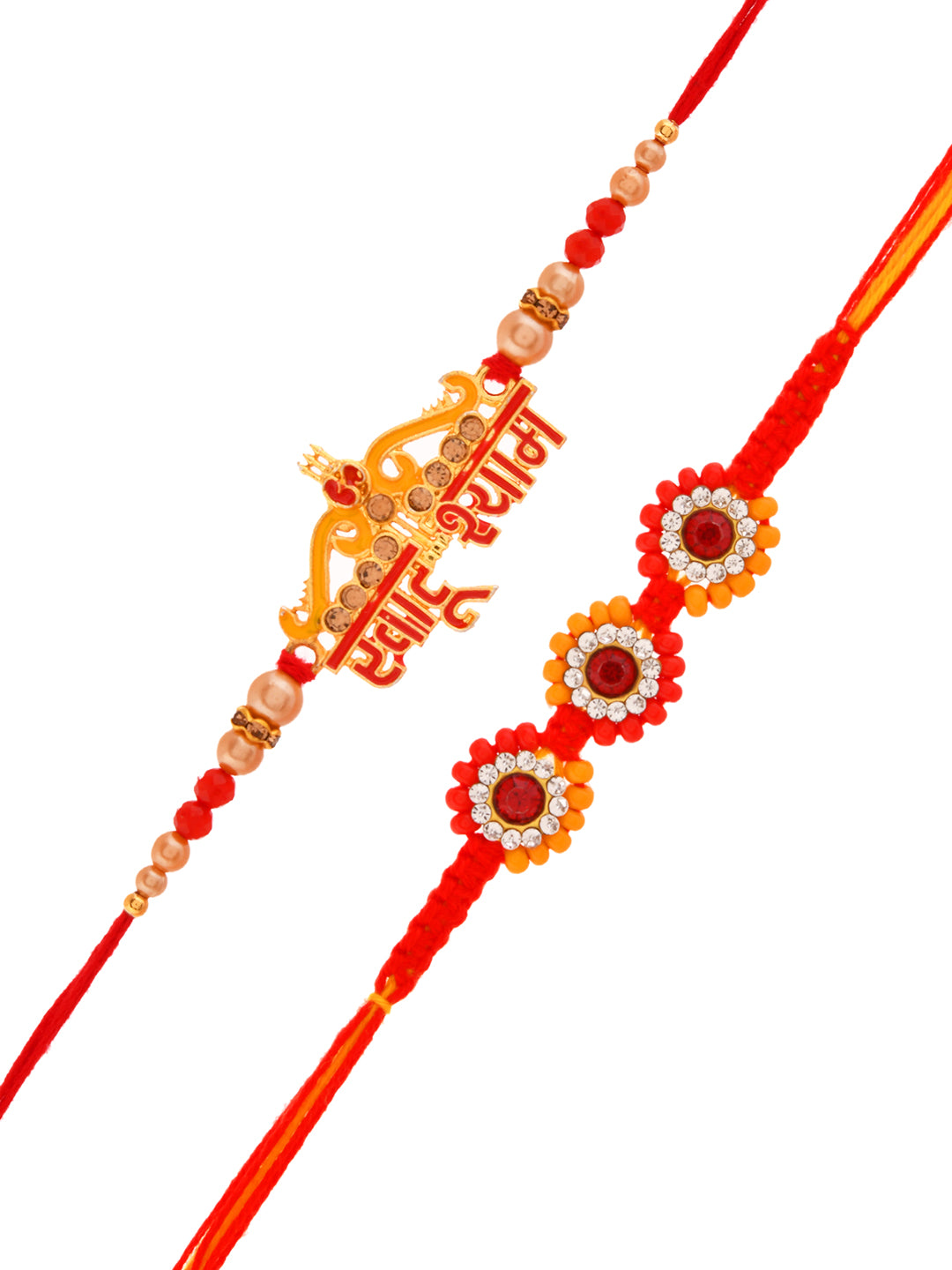 Designer Rakhi Set with “Shree Ram” Motif & Embellished Flowers