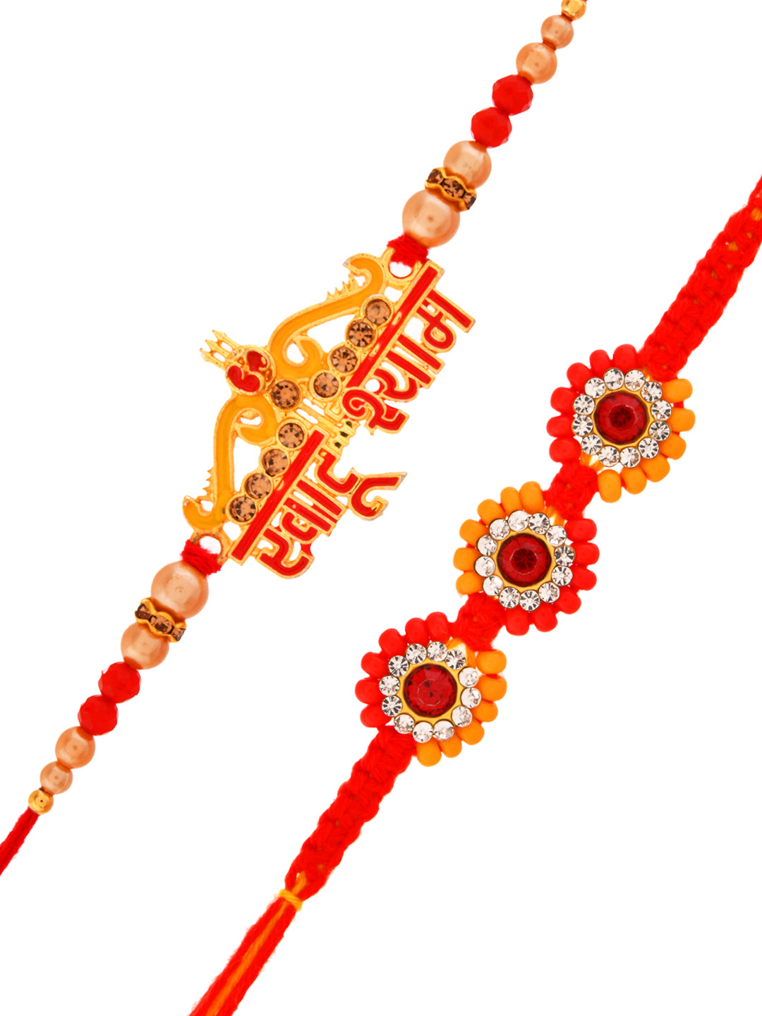 Designer Rakhi Set with “Shree Ram” Motif & Embellished Flowers