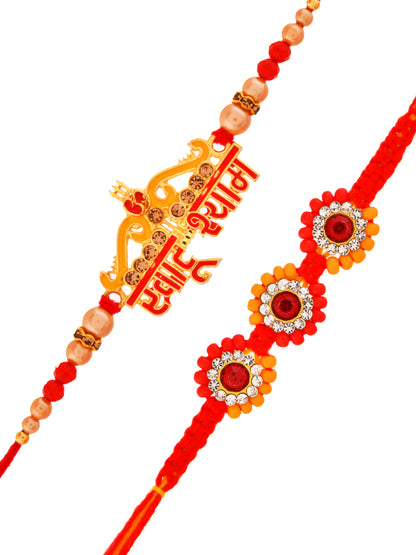 Designer Rakhi Set with “Shree Ram” Motif & Embellished Flowers