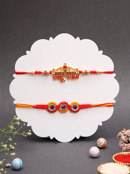 Designer Rakhi Set with “Shree Ram” Motif & Embellished Flowers