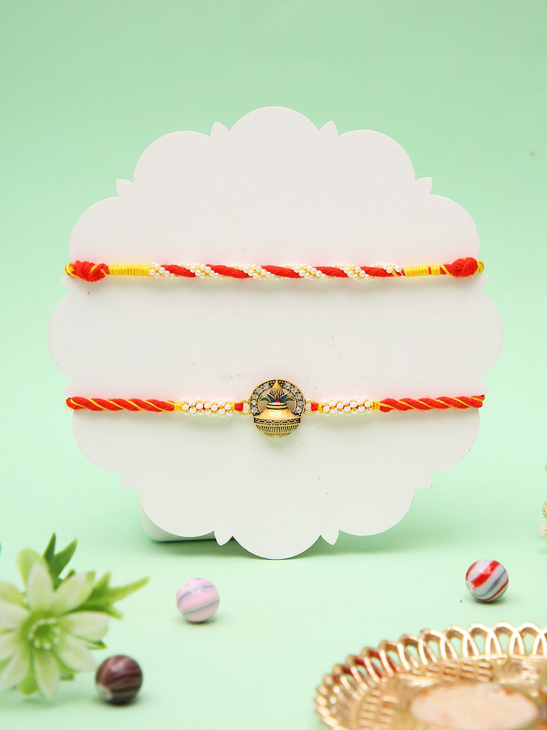 Set of 2 Traditional Beaded Rakhi with Kalash Motif
