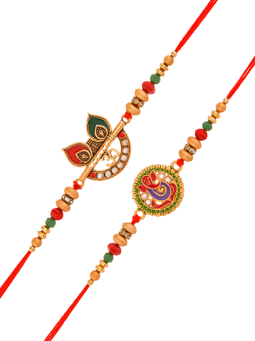 Handcrafted Rakhi Combo with Sacred Symbols and Festive Colour