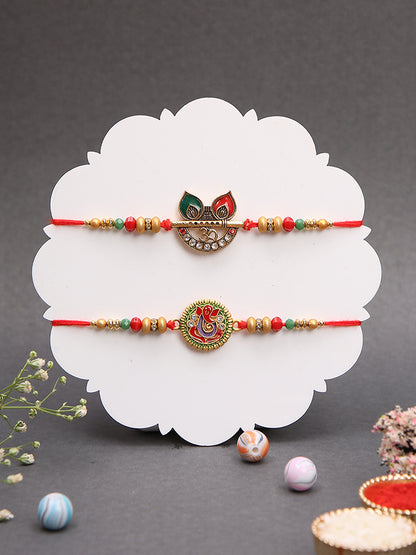 Handcrafted Rakhi Combo with Sacred Symbols and Festive Colour