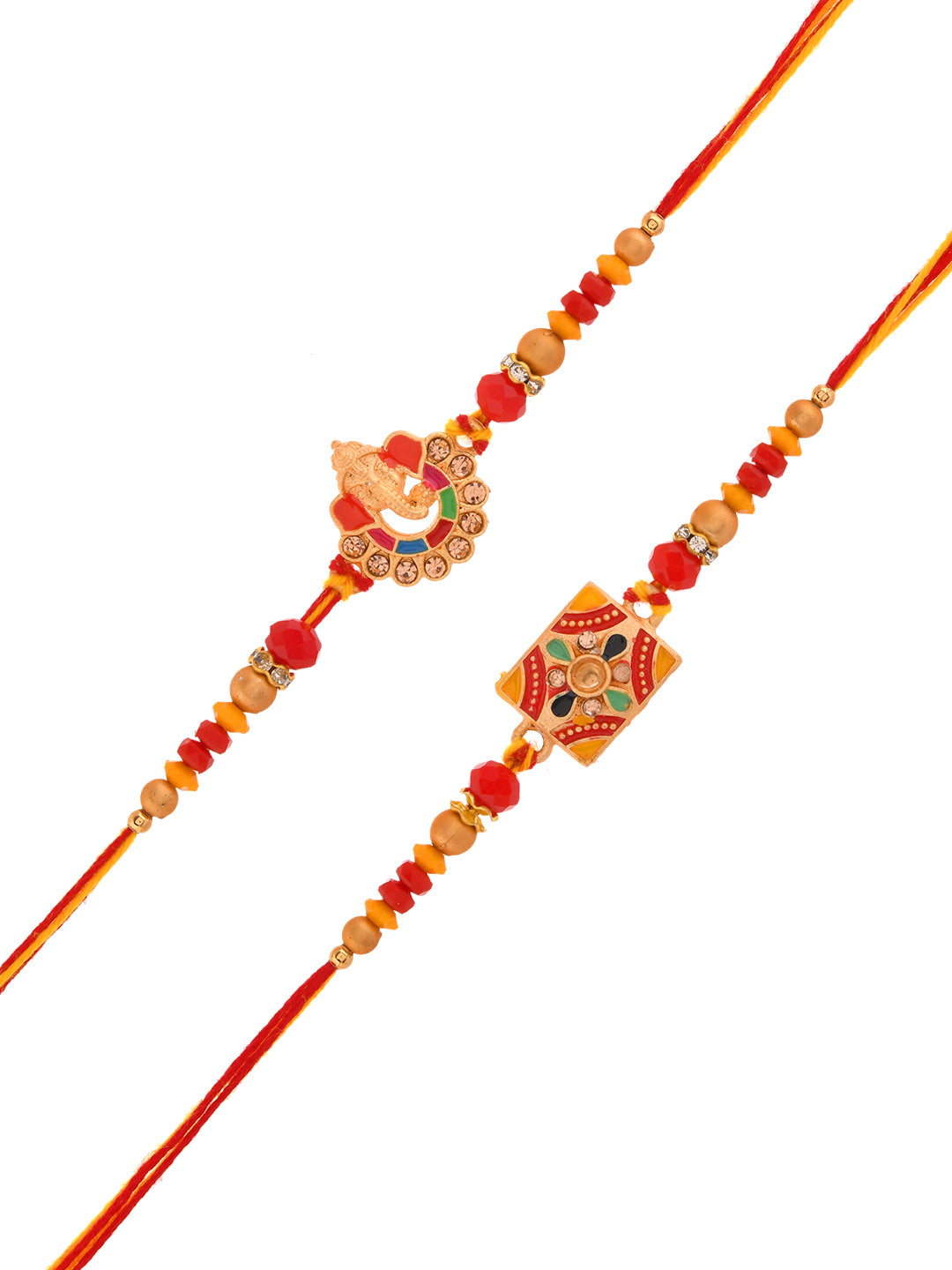 Divine Red Rakhi Combo with Symbolic Motifs and Ethnic Beads