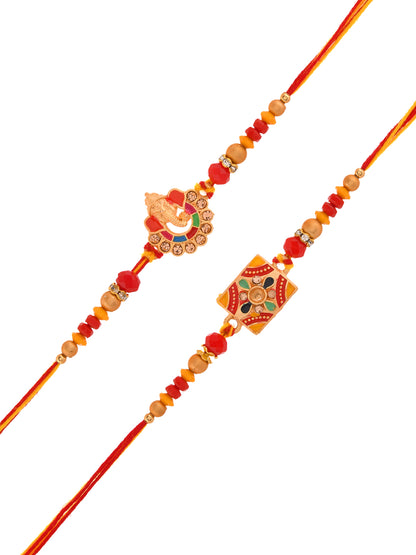 Divine Red Rakhi Combo with Symbolic Motifs and Ethnic Beads