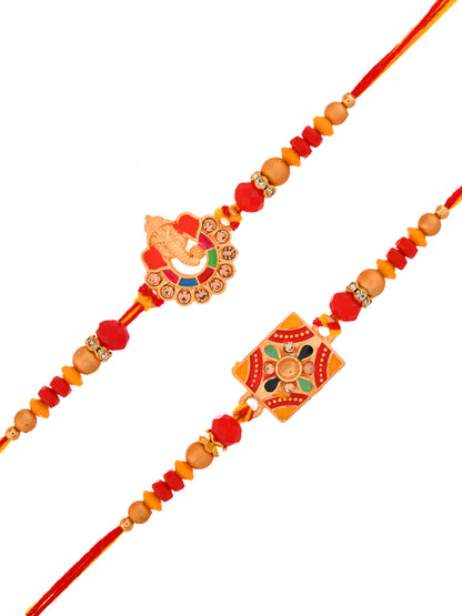 Divine Red Rakhi Combo with Symbolic Motifs and Ethnic Beads