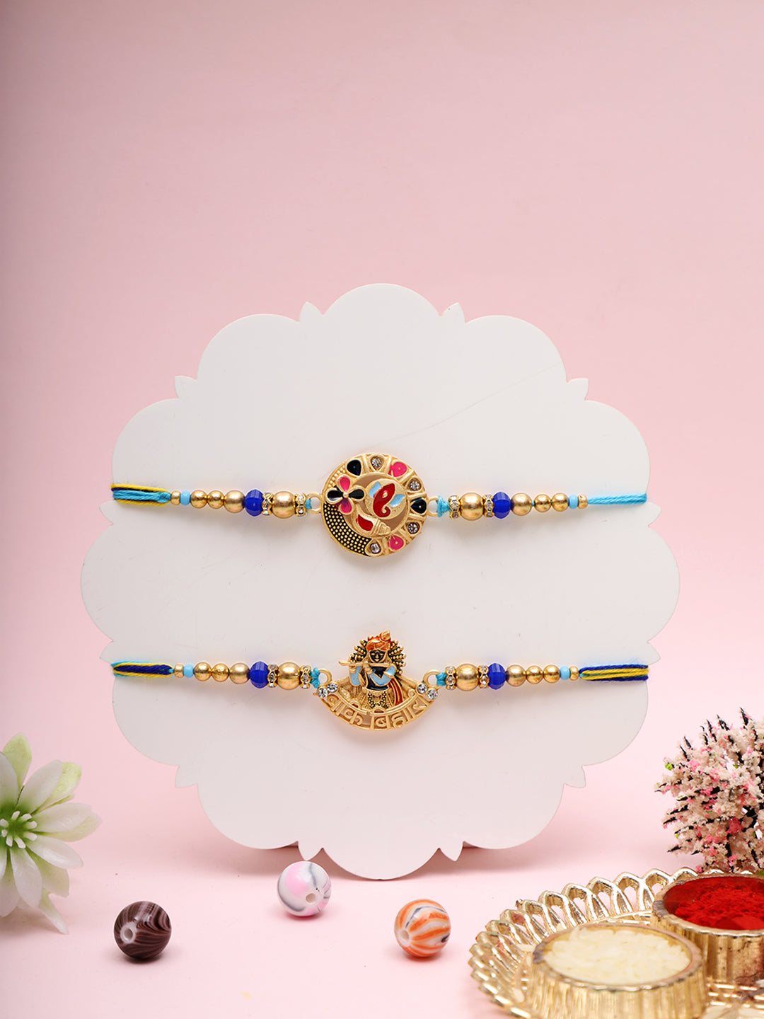 Divine Blue Rakhi Combo with Enamel Finish and Religious Charms