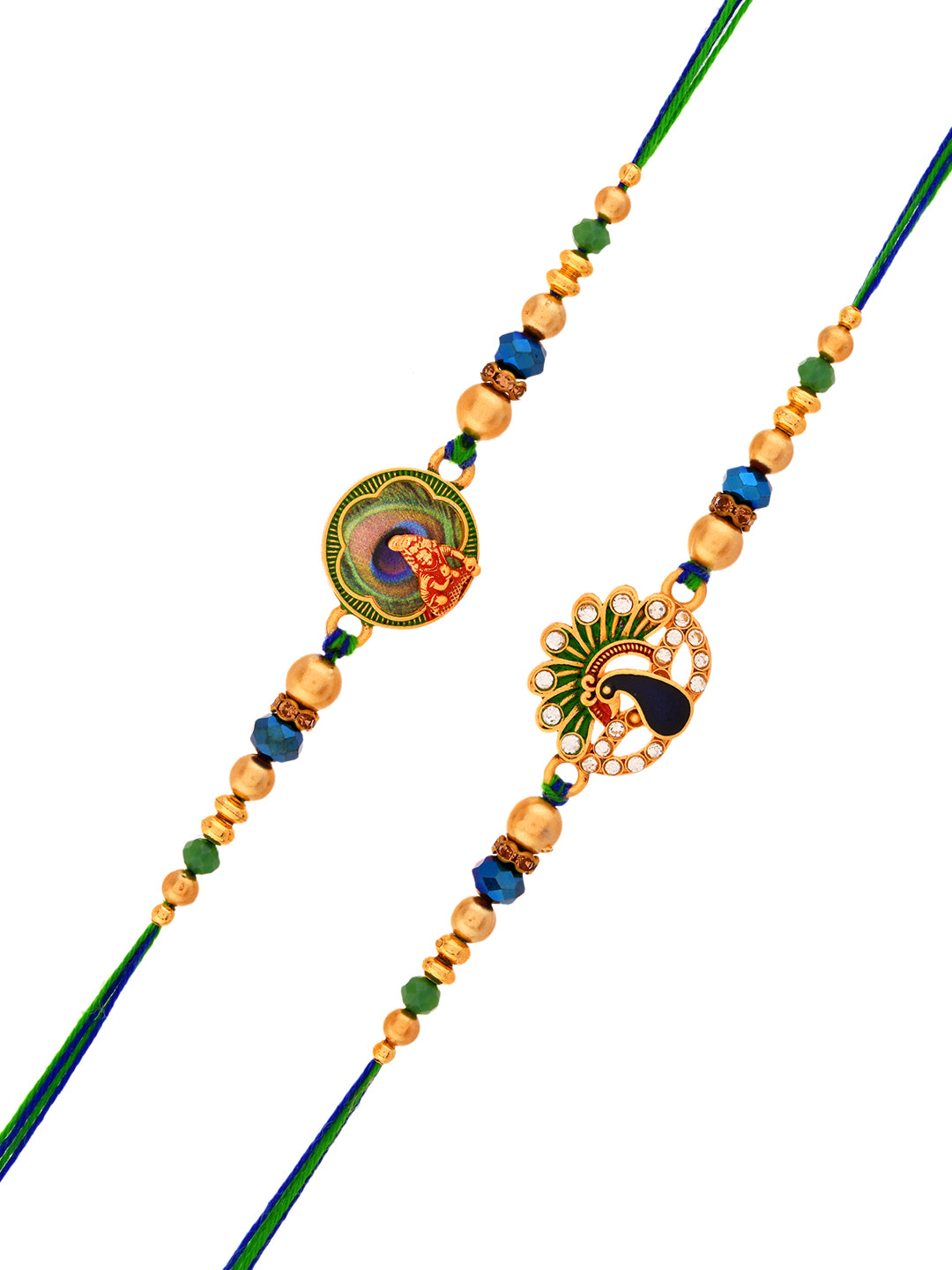 Set of 2 Handcrafted Rakhi Set with Enamel Peacock Charms