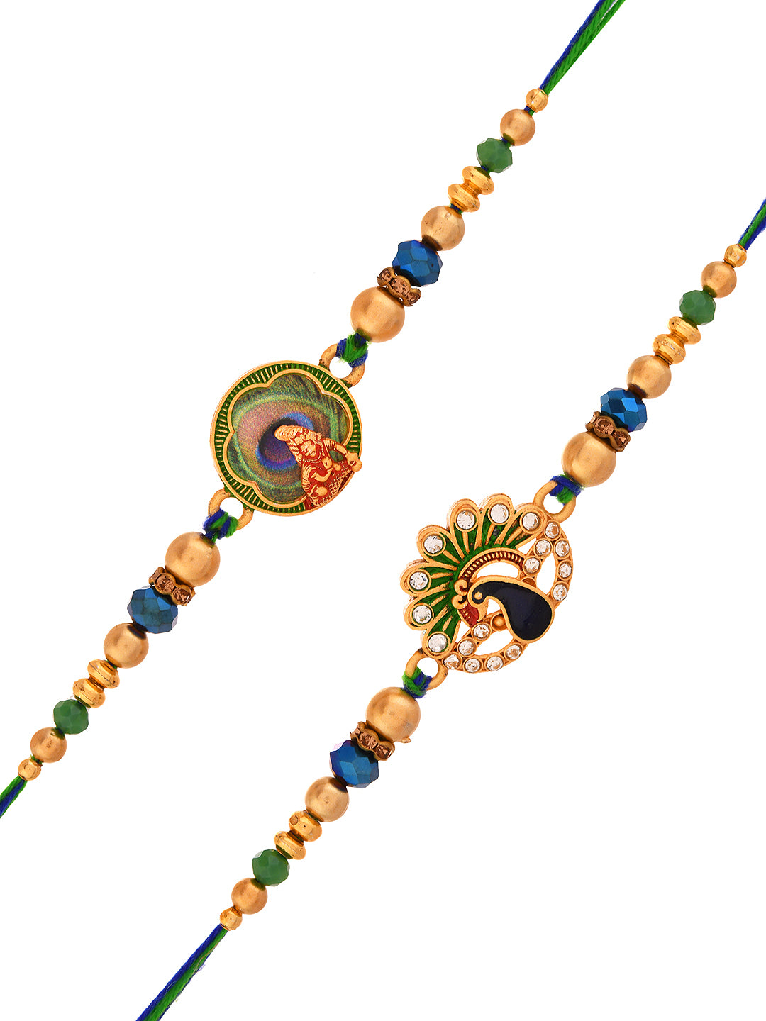 Set of 2 Handcrafted Rakhi Set with Enamel Peacock Charms