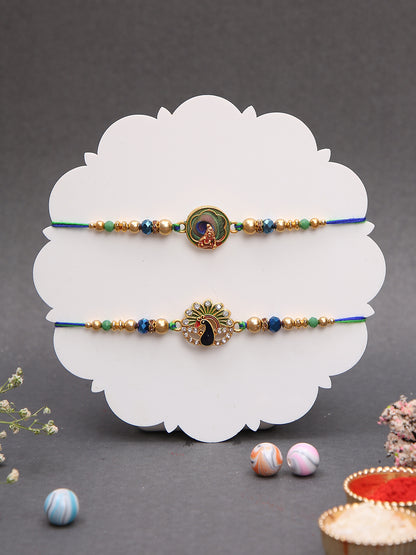 Set of 2 Handcrafted Rakhi Set with Enamel Peacock Charms