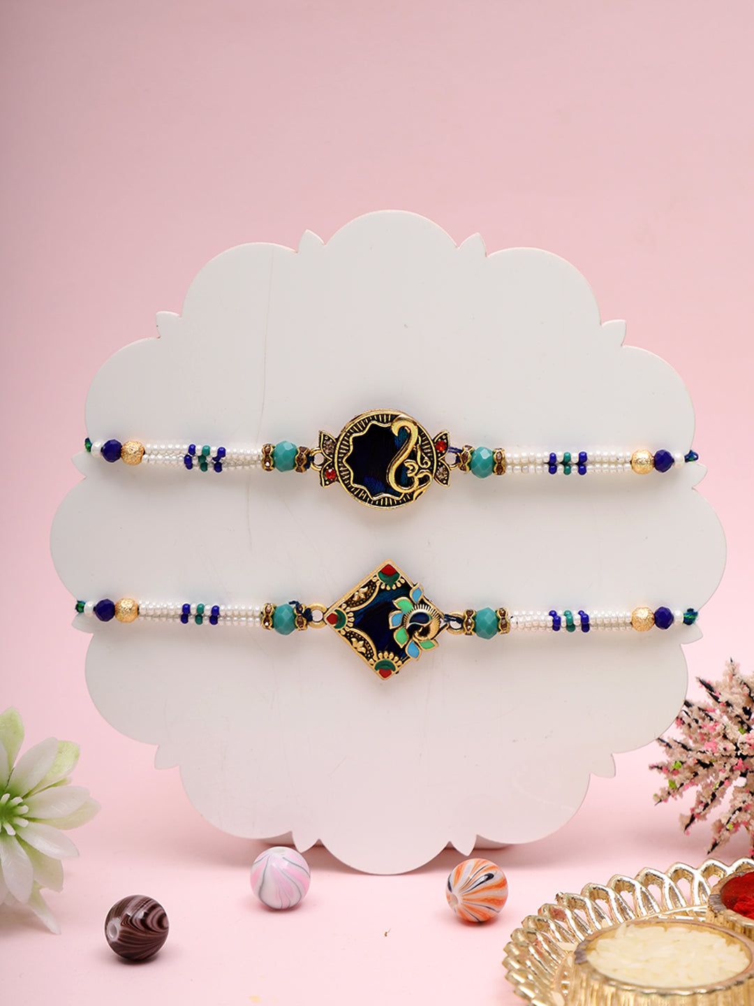 Ethnic Enamel Rakhi Pair with Meenakari Look and Pearl Beads