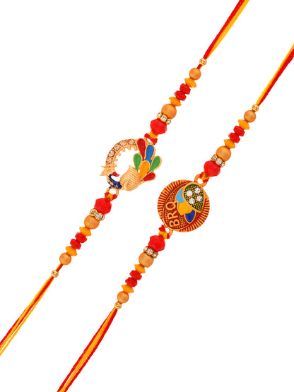 Handcrafted Rakhi Set with Peacock and Floral Motif in Multicolour Beads