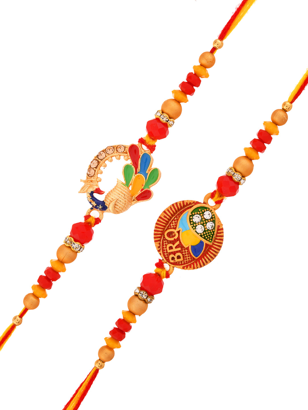 Handcrafted Rakhi Set with Peacock and Floral Motif in Multicolour Beads