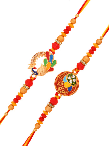 Handcrafted Rakhi Set with Peacock and Floral Motif in Multicolour Beads