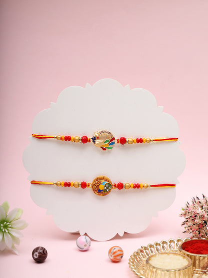 Handcrafted Rakhi Set with Peacock and Floral Motif in Multicolour Beads